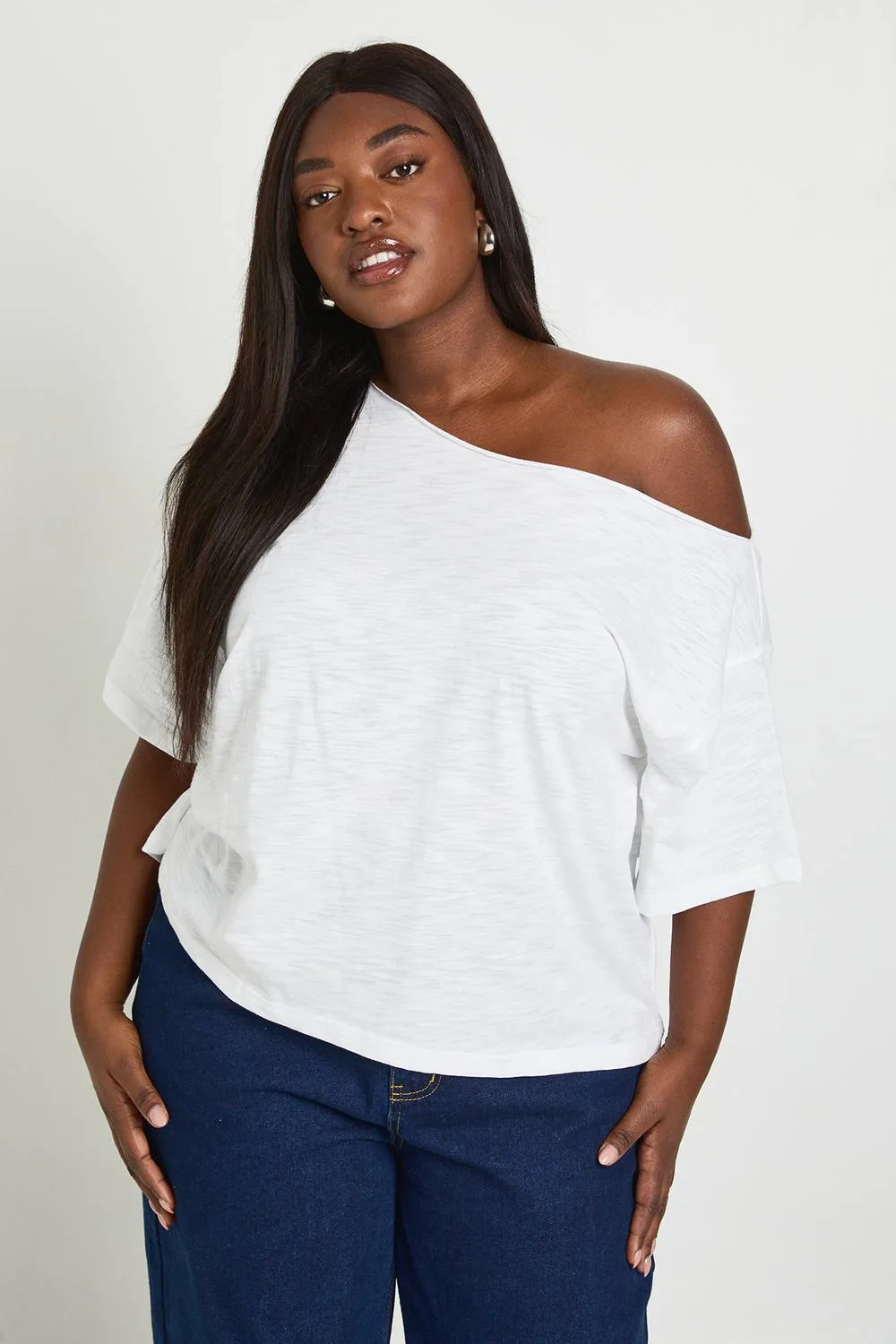 Sheer Slub Off-The Shoulder Oversized T-Shirt - Denim by boohoo