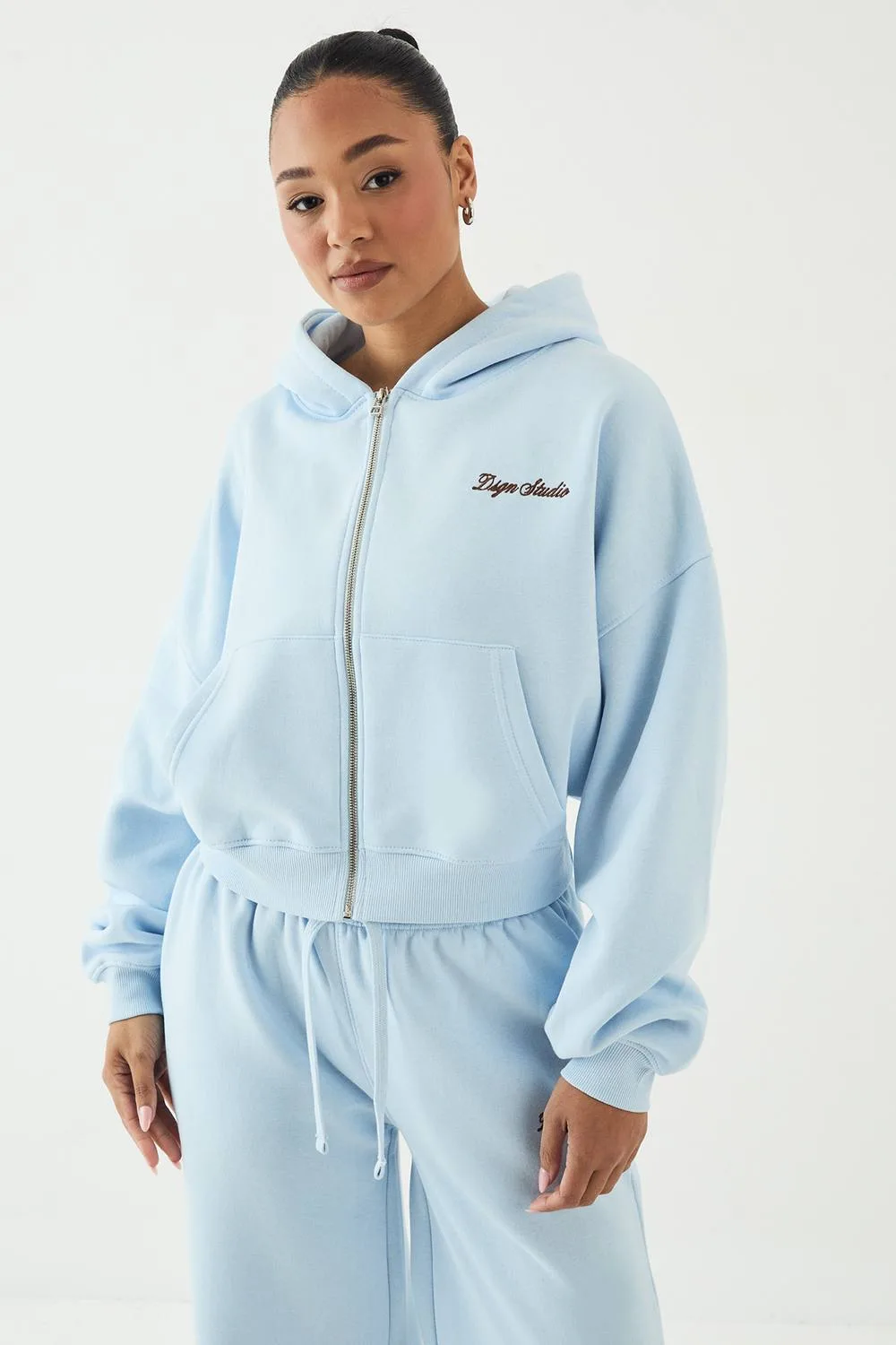 Script Embroidered Boxy Crop Zip Through Hoodie - Cotton by DSGN Studio