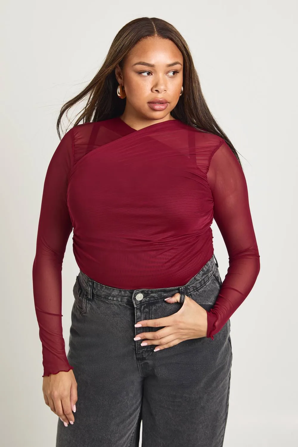 Cross Neck Long Sleeve Top - Denim by boohoo