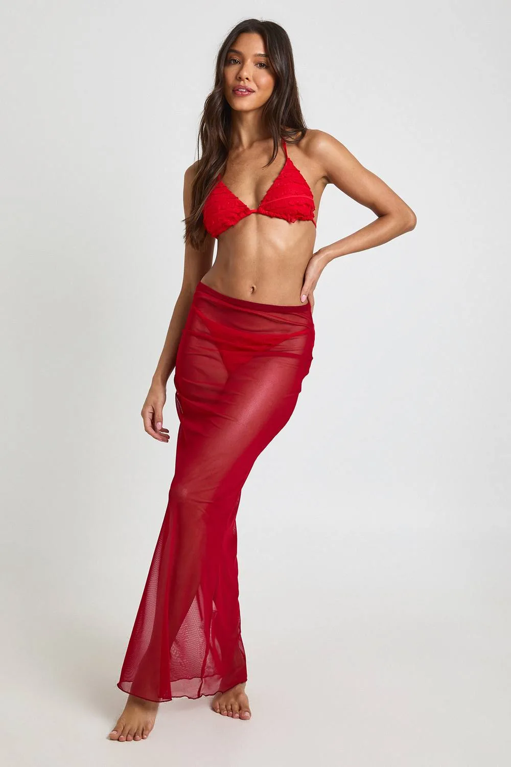 Sheer Mesh Maxi Beach Skirt - Denim/Cotton/Woven by boohoo