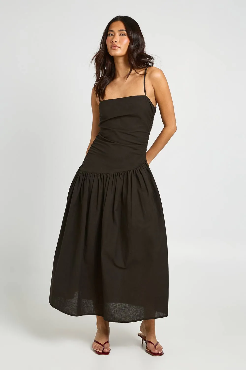 Linen Ruched Drop Hem Midi Skater Dress - Cotton/Linen/Polyurethane by boohoo