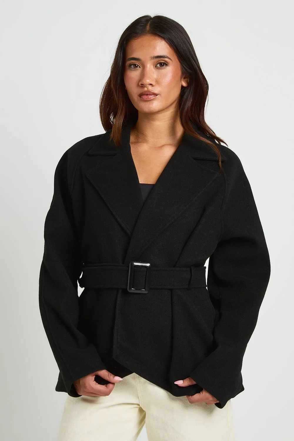 Belted Wool Look Coat - Polyurethane by boohoo