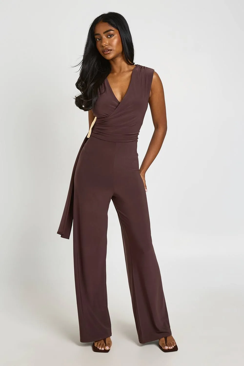 Soft Touch Drape Front Wide Leg Jumpsuit - Polyurethane by boohoo