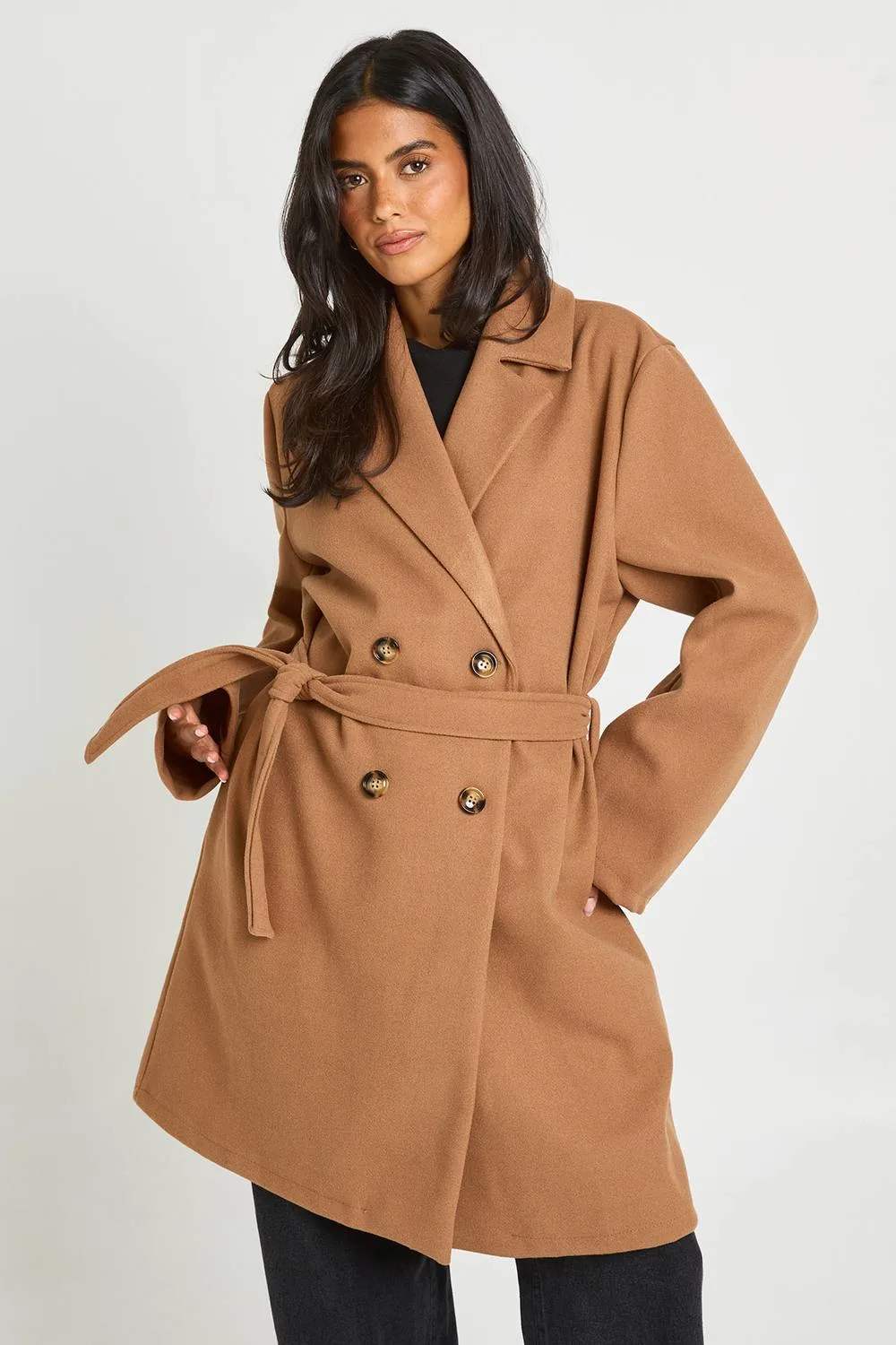 Belted Double Breasted Wool Look Coat - Polyurethane by boohoo