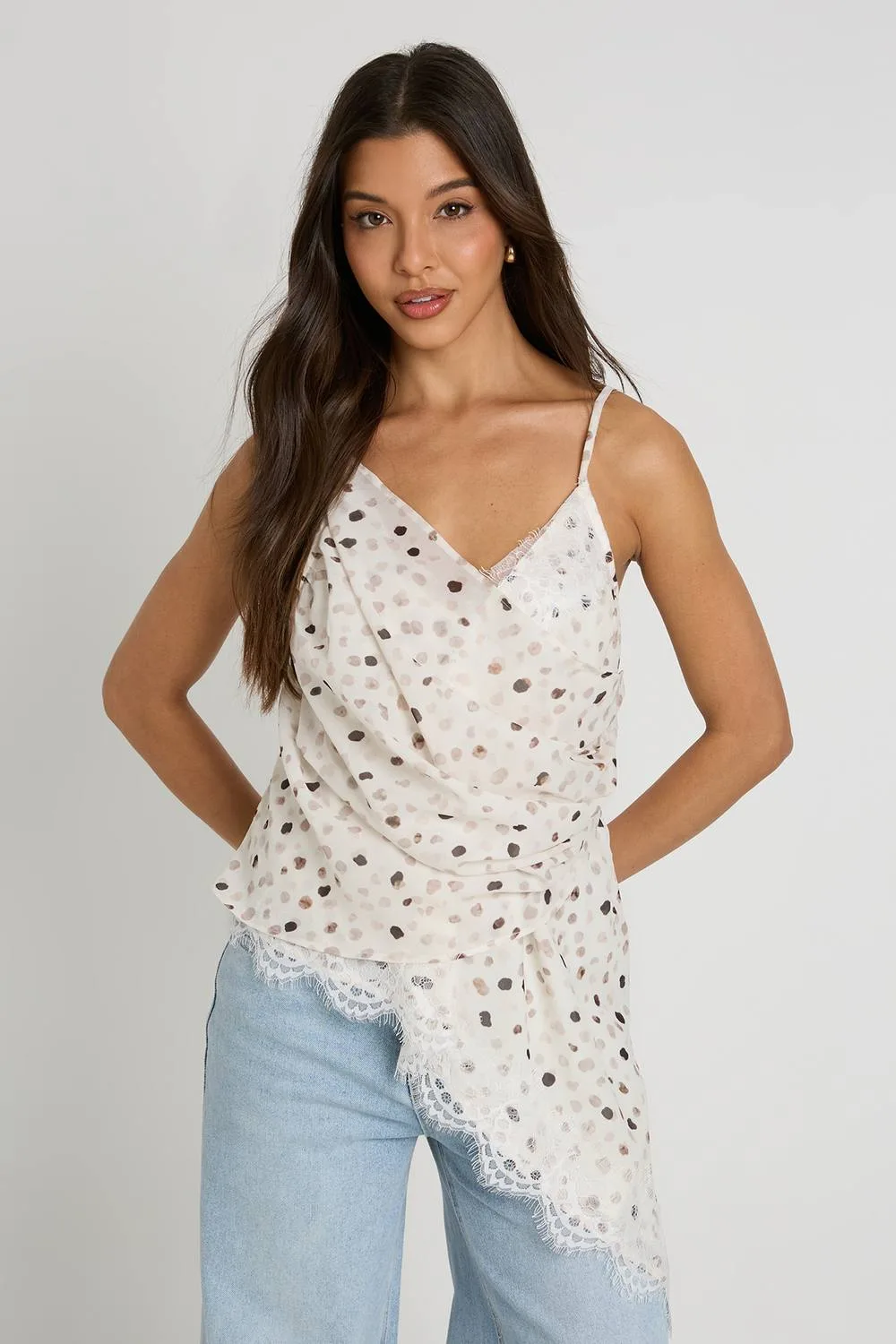 Polka Lace Trim Draped Asymmetric Cami Top - Linen/Polyurethane by boohoo