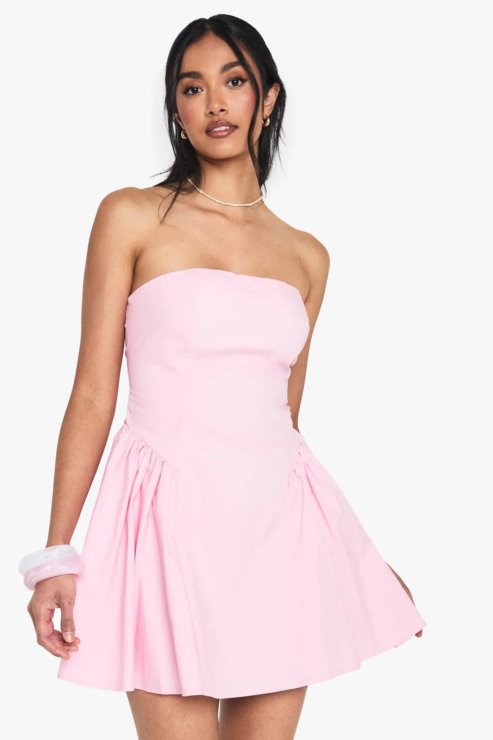 Bandeau Poplin Mini Skater Dress - Denim/Polyurethane