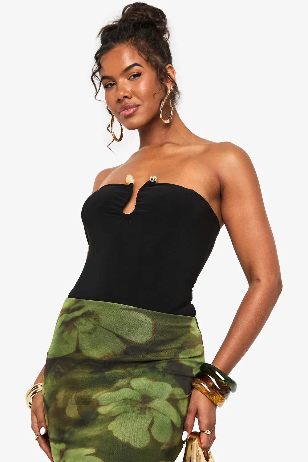 Double Layered Slinky Trim Detail Bandeau Bodysuit - Polyurethane by boohoo