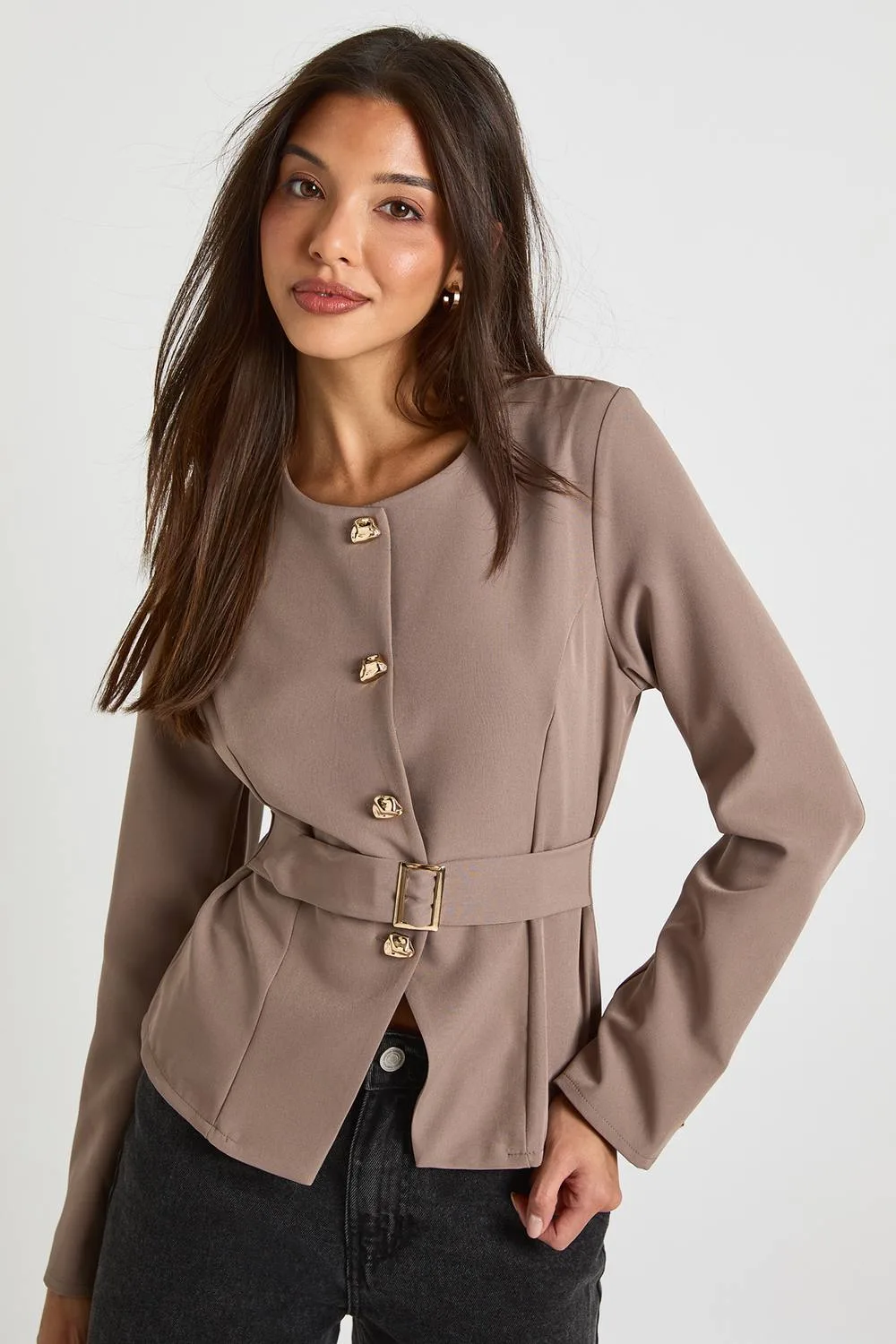 Gold Trim Collarless Blazer - Denim by boohoo