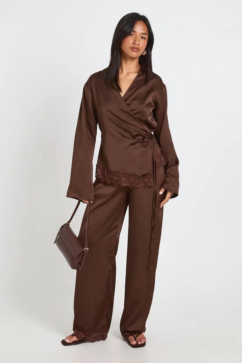 Lace Hem Satin Wrap Top Co-Ord by boohoo