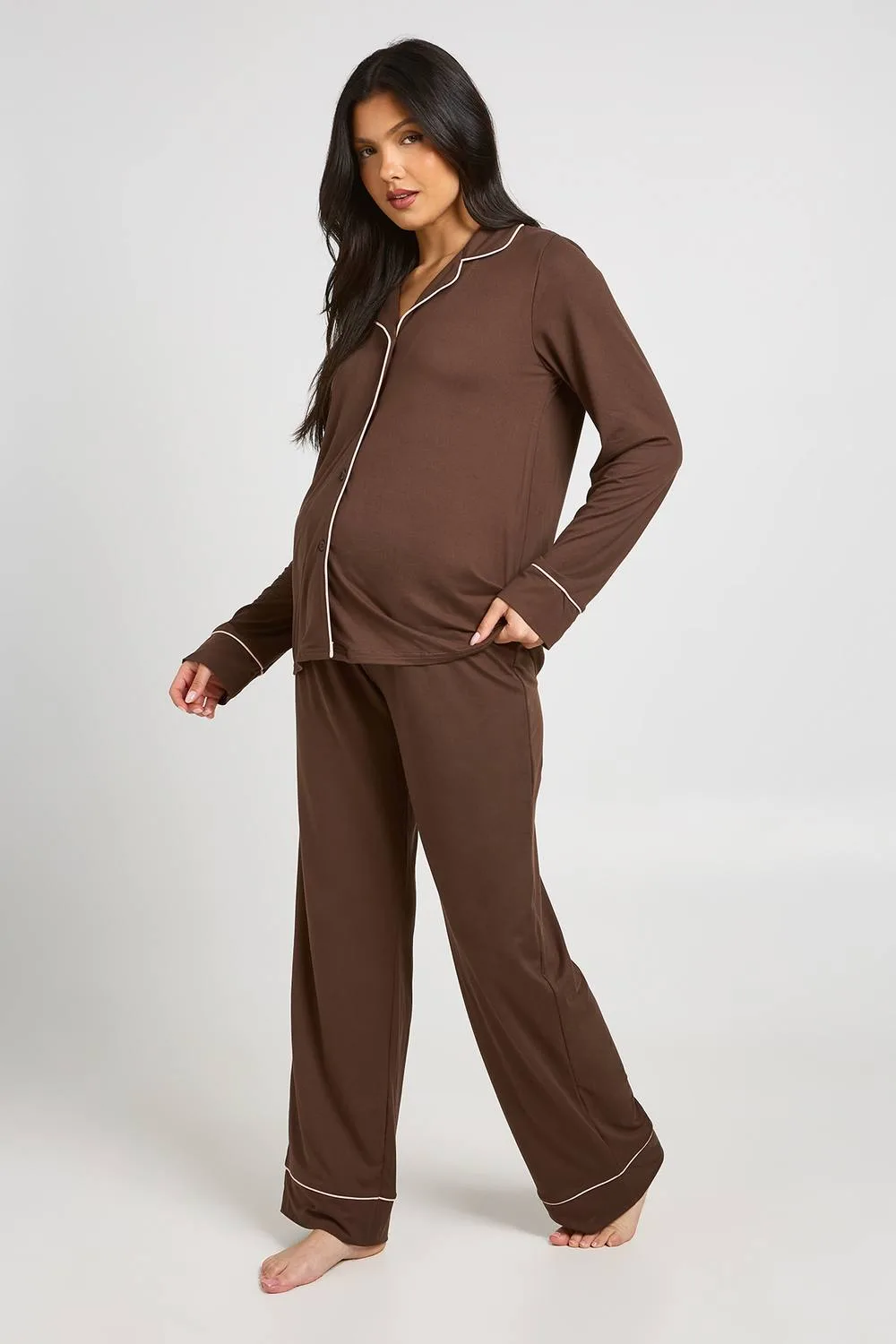 Maternity Piping Detail Long Sleeve Shirt & Trouser Pyjama Set - Cotton/Polyurethane by boohoo