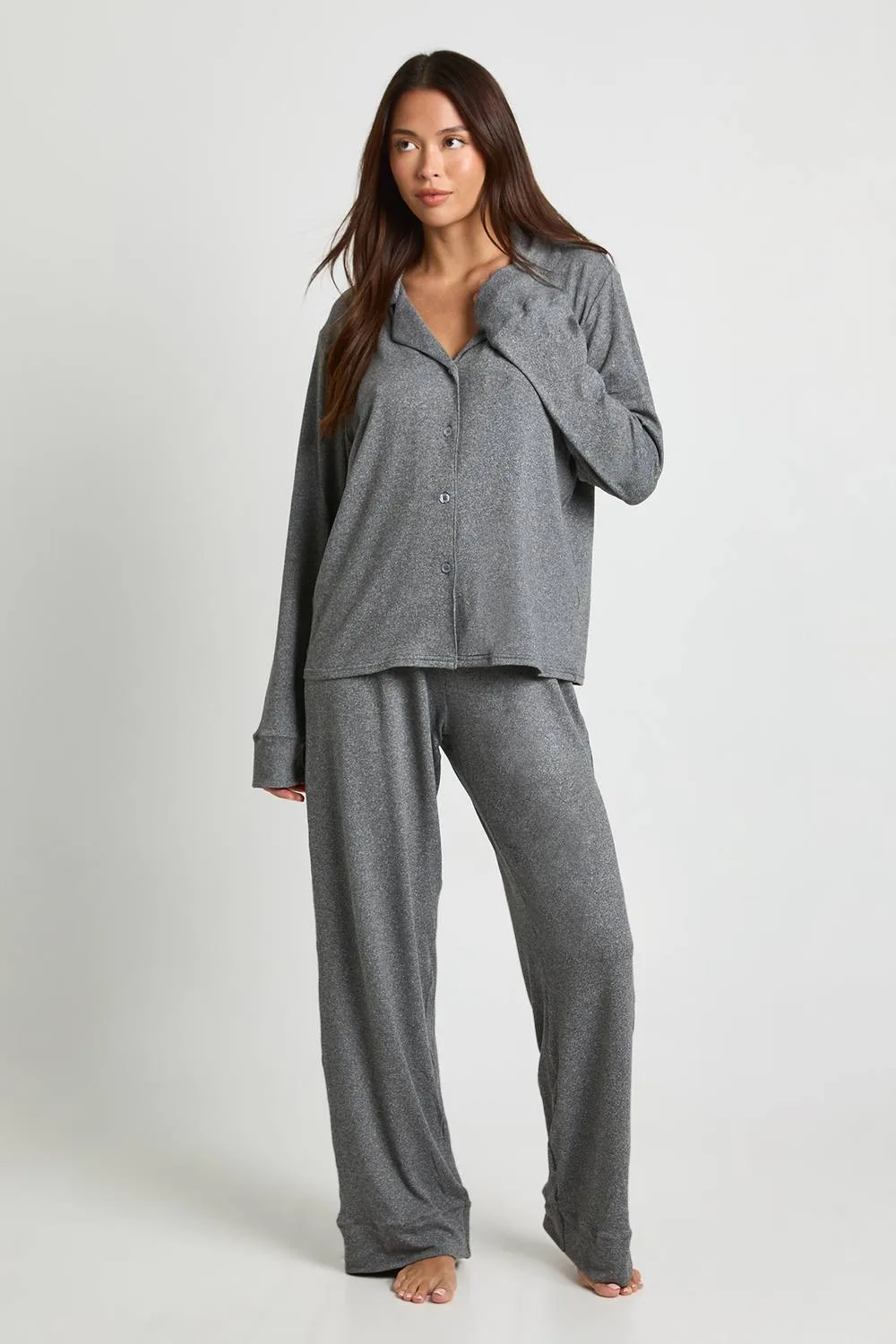Soft Touch Button Through Shirt & Trouser Pyjama Set - Polyurethane by boohoo