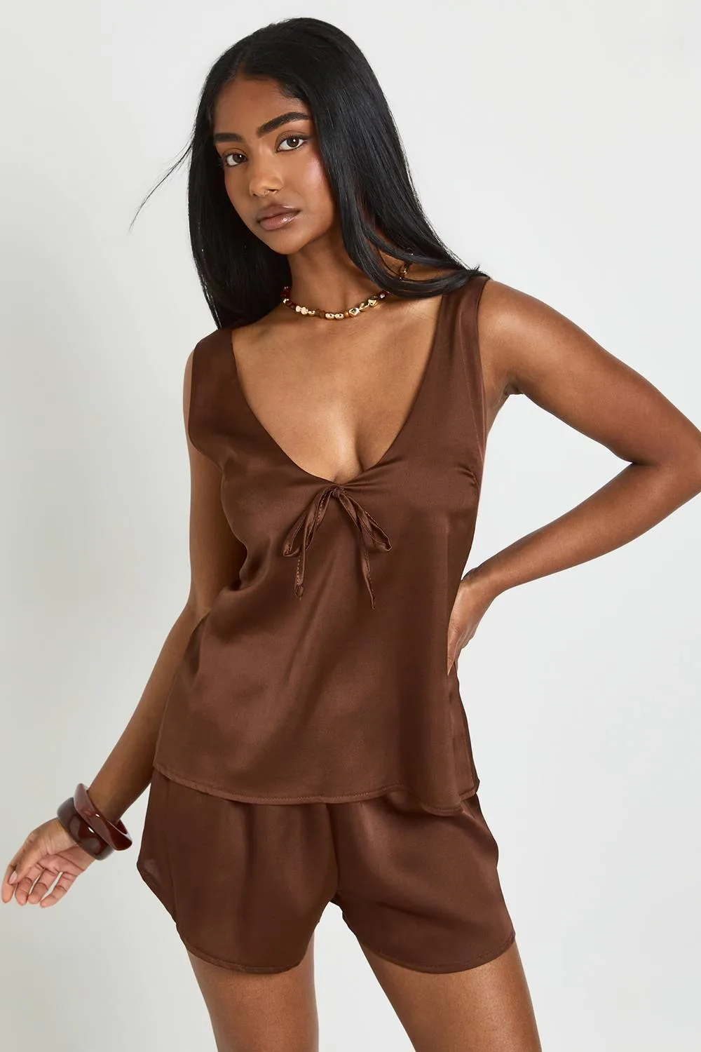 Satin Scoop Neck Cami & Runner Short Co-Ord - Satin/Polyurethane by boohoo