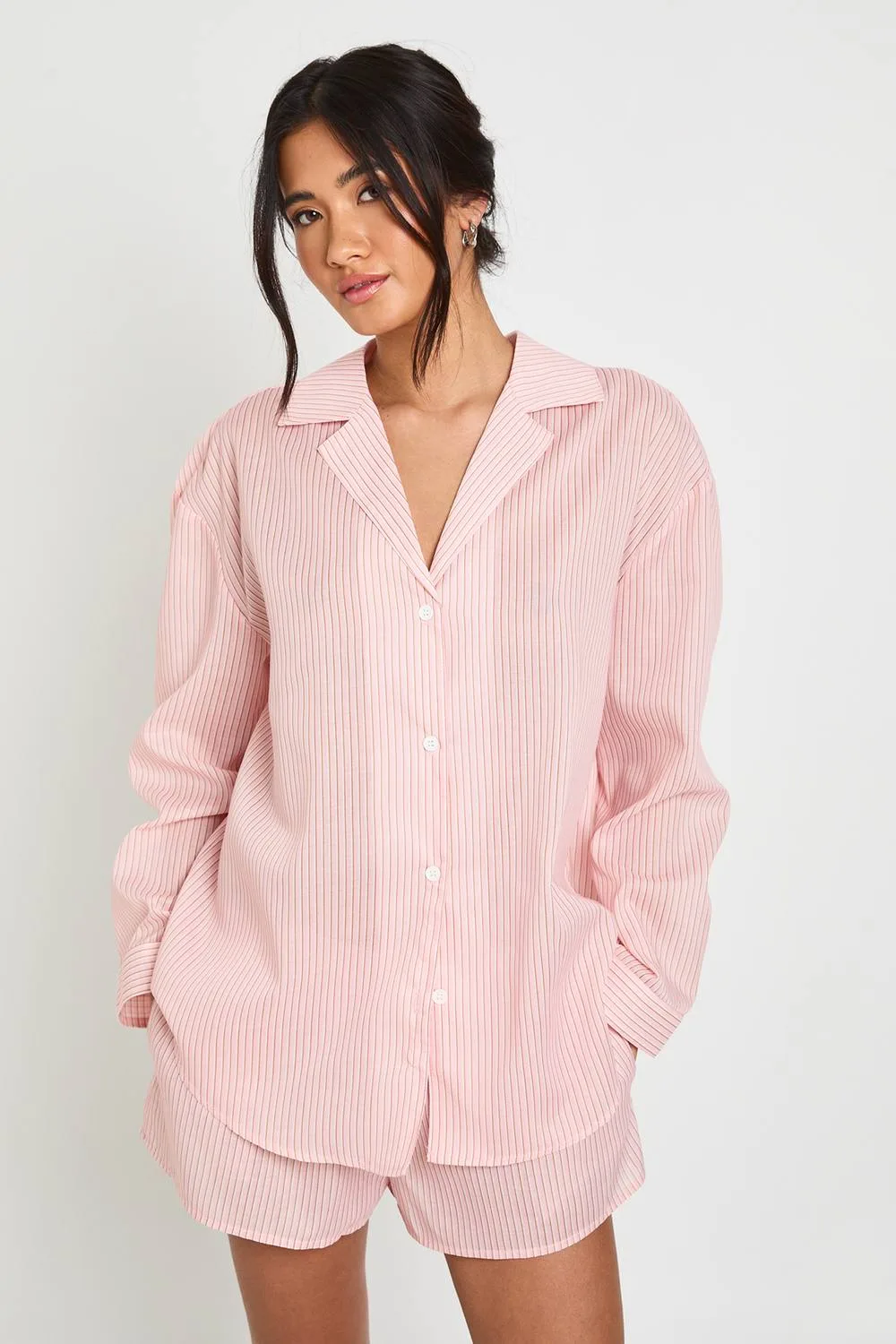 Cotton Pinstripe Oversized Long Sleeve Shirt & Short Pyjama Set - Cotton/Polyurethane