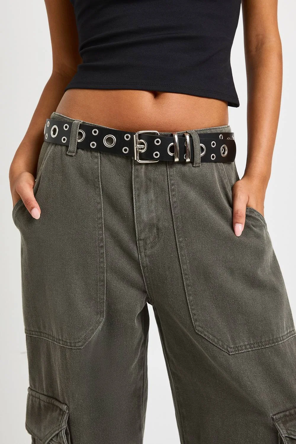 Studded Eyelet Belt - Denim/Polyurethane/Metal by boohoo