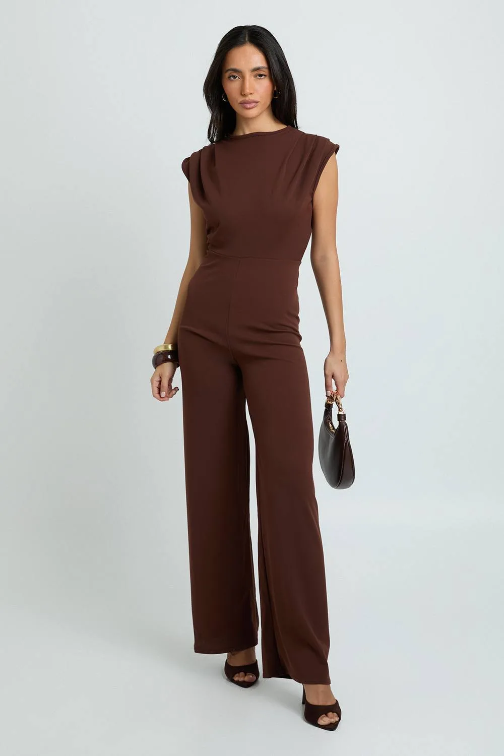 Jersey Crepe Ruched Detail Wide Leg Jumpsuit - Polyurethane