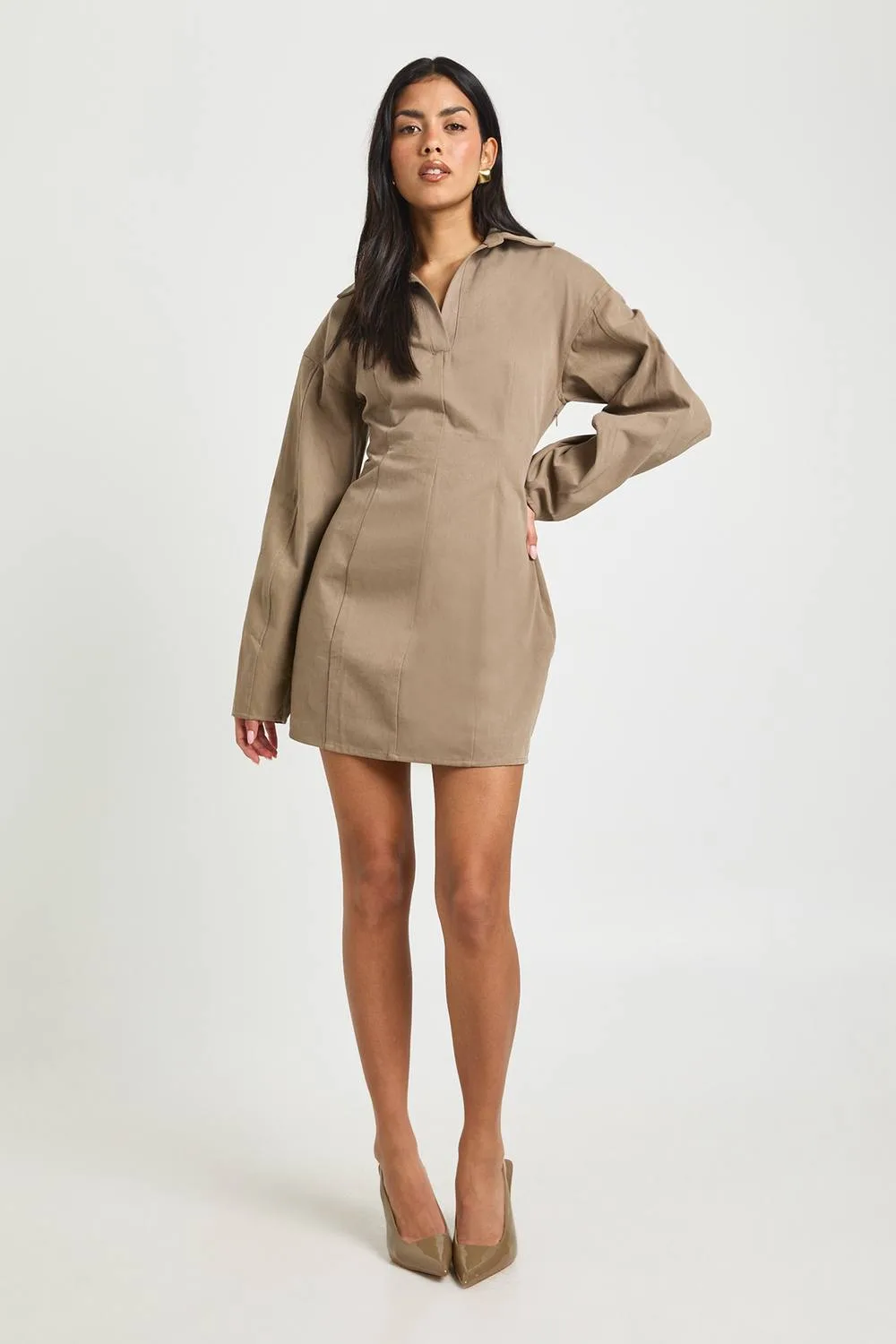 Twill Cinched Waist Shirt Dress by boohoo