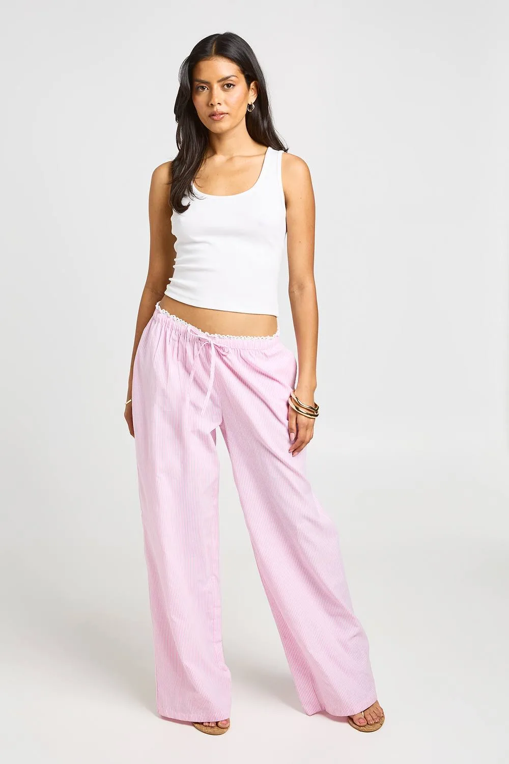 Cotton Poplin Striped Lace Trim Wide Leg Trousers - Cotton/Linen/Polyurethane by boohoo