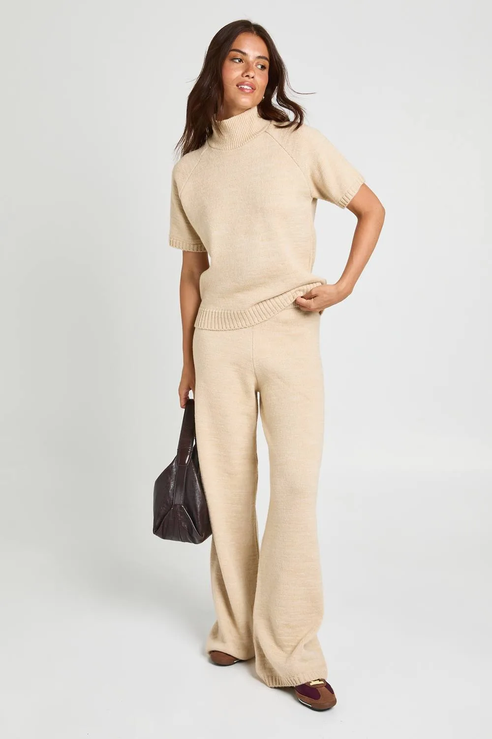 High Neck Knitted Top & Wide Leg Trouser Co-Ord - Polyurethane by boohoo