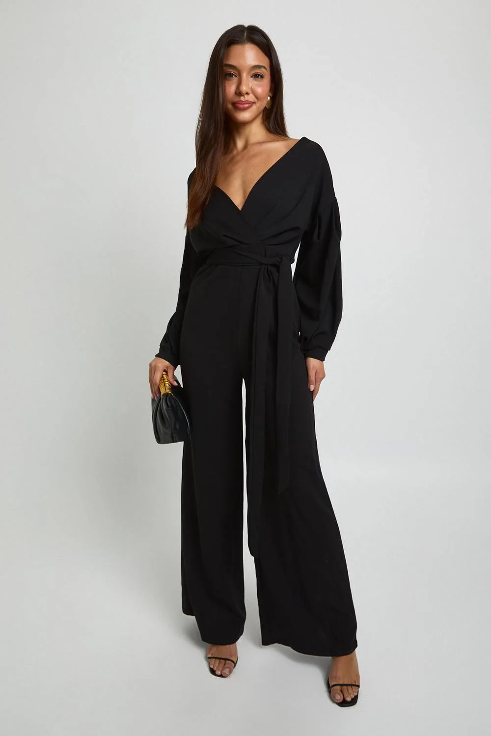 Off the Shoulder Wrap Front Wide Leg Jumpsuit - Polyurethane