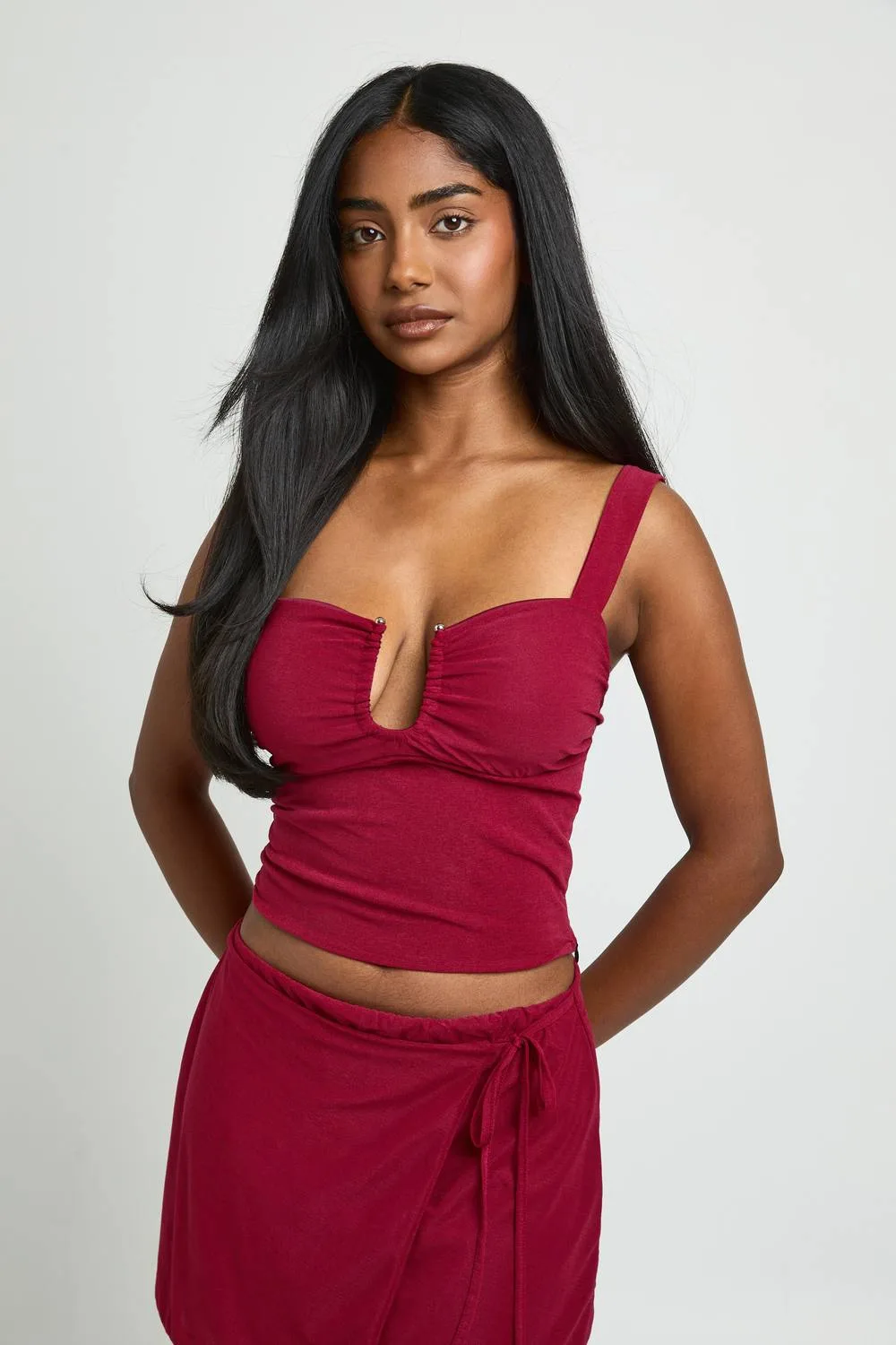 Textured Gold Trim Halter Neck Top - Polyurethane by boohoo