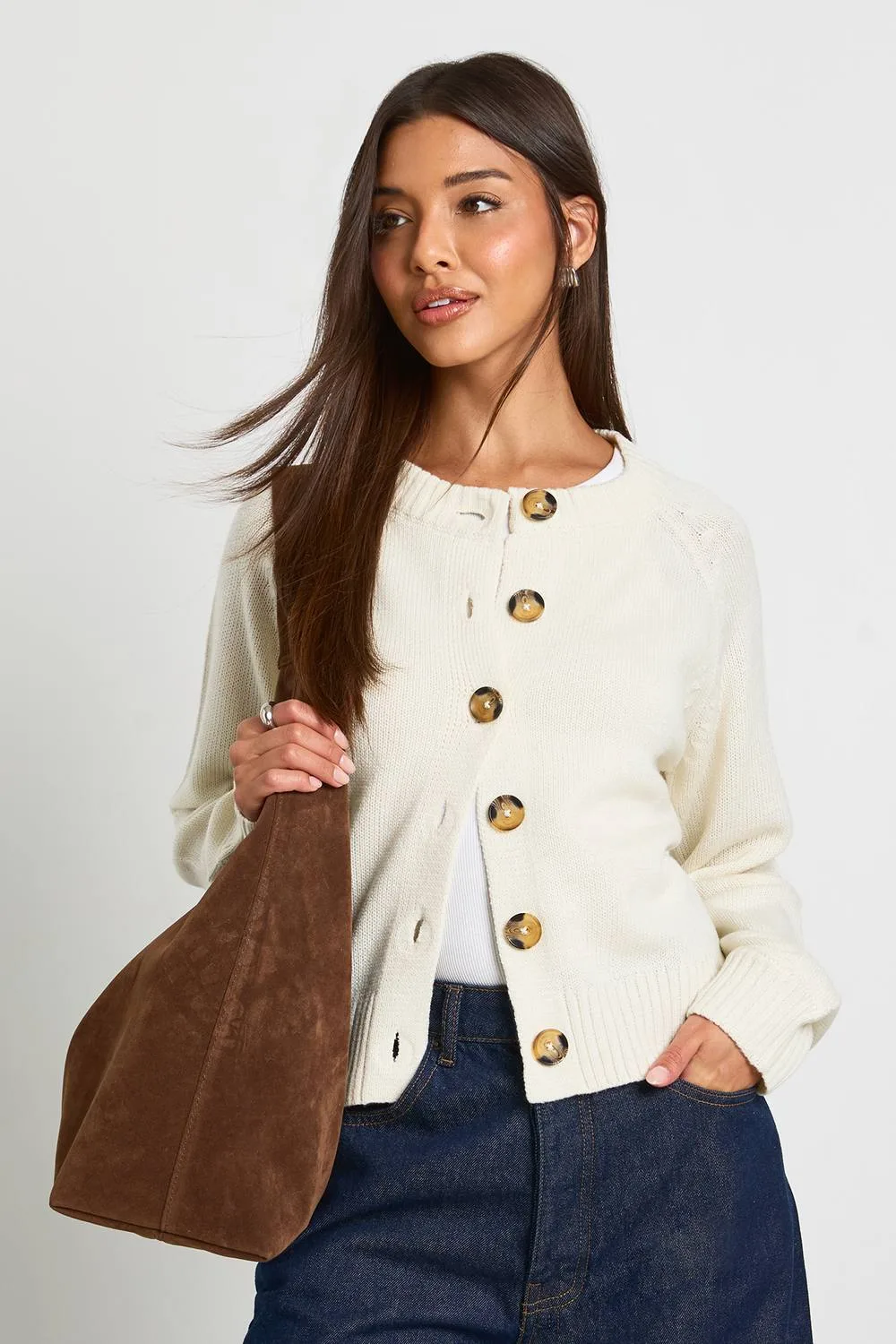 Crew Neck Knitted Chunky Cardigan by boohoo