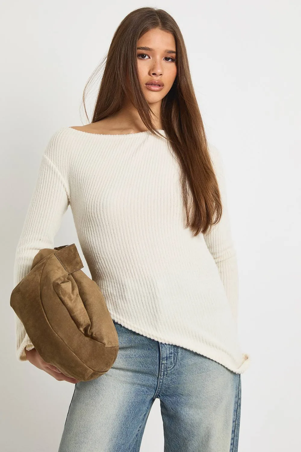 Soft Brushed Rib Asym Neck & Hem Top - Denim/Polyurethane by boohoo