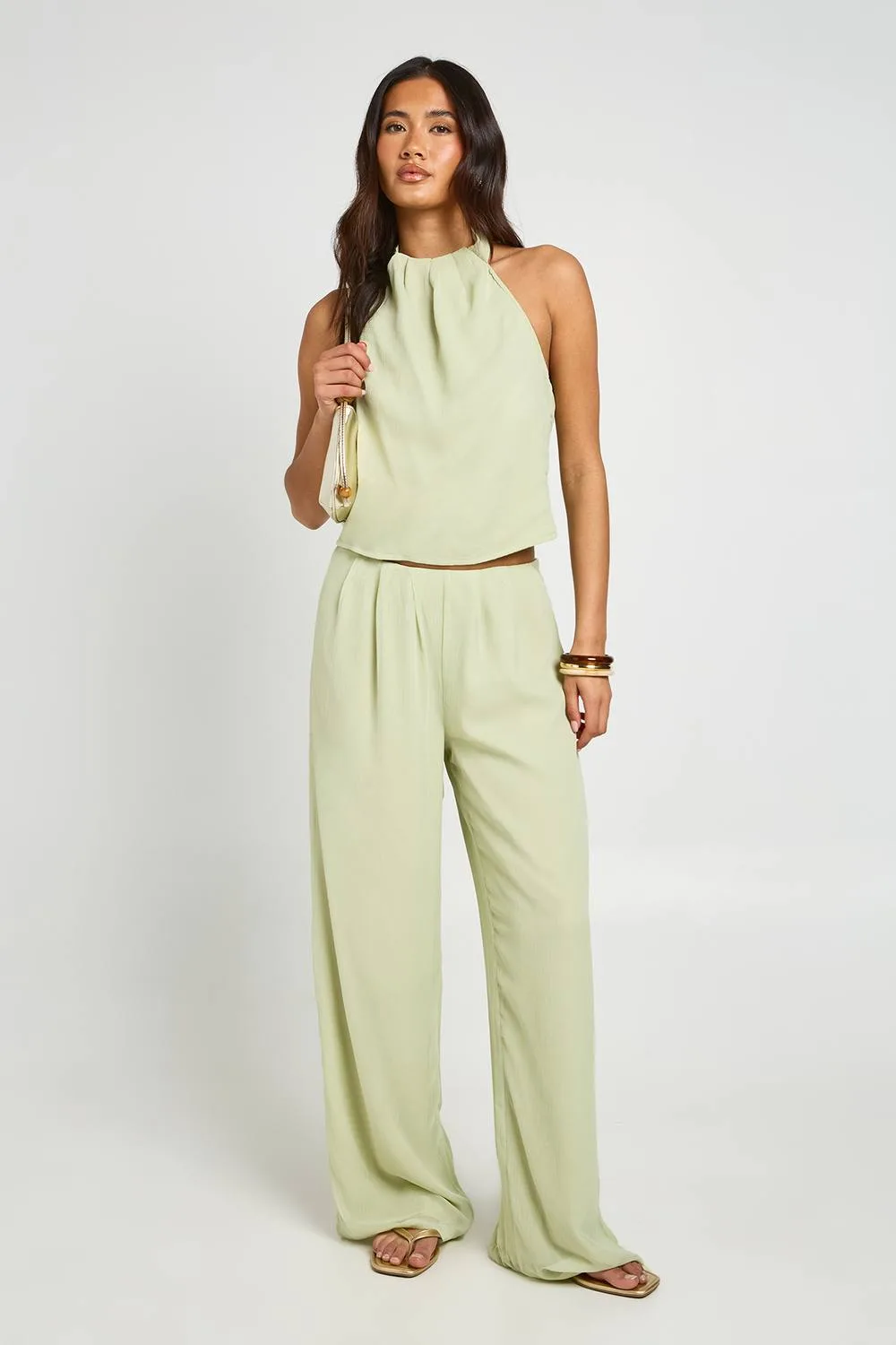 Chiffon Pleated Halterneck Top & Wide Leg Trouser Set by boohoo
