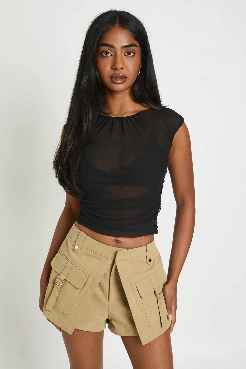 Mesh Ruched Sleeveless Top - Denim/Polyurethane by boohoo