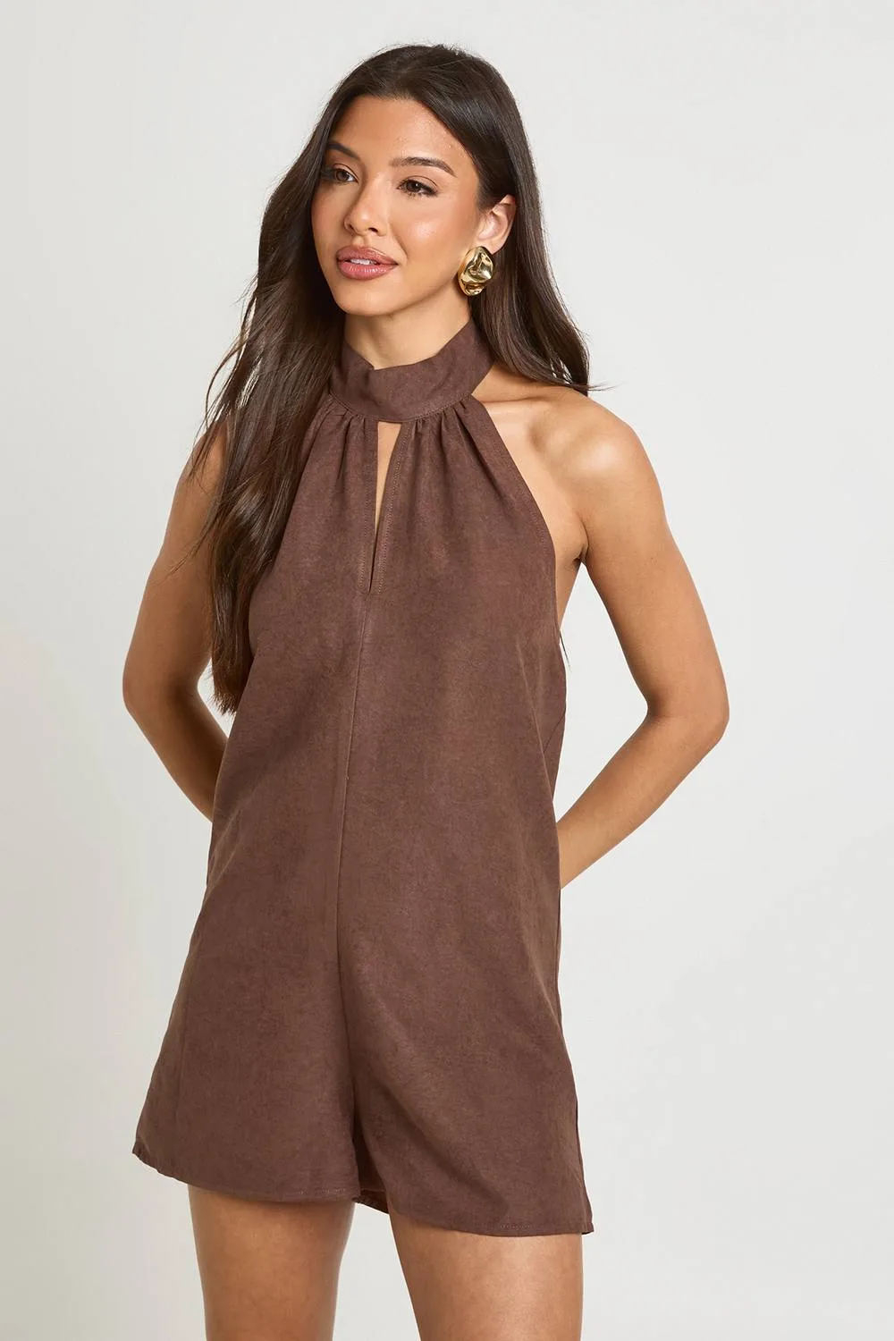 Textured High Neck Playsuit - Polyurethane/Suede/Woven by boohoo