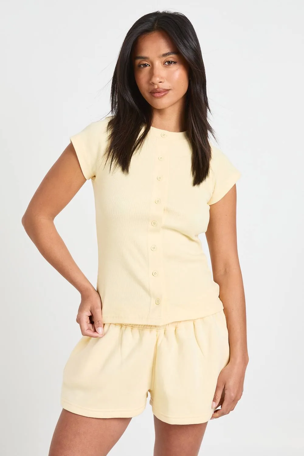 Ribbed Button Through Cap Sleeve Top & Short Tracksuit - Denim by boohoo
