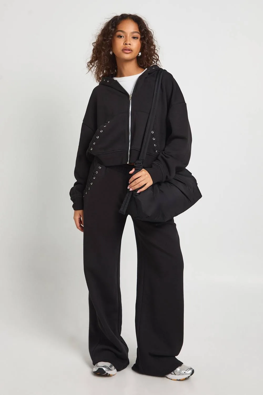 Stitch Detail Zip Through Hoodie & Wide Leg Jogger Tracksuit - Denim/Cotton by boohoo