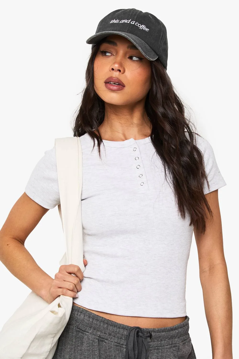 Rib Popper Neckline Crew Neck Cotton Top by boohoo