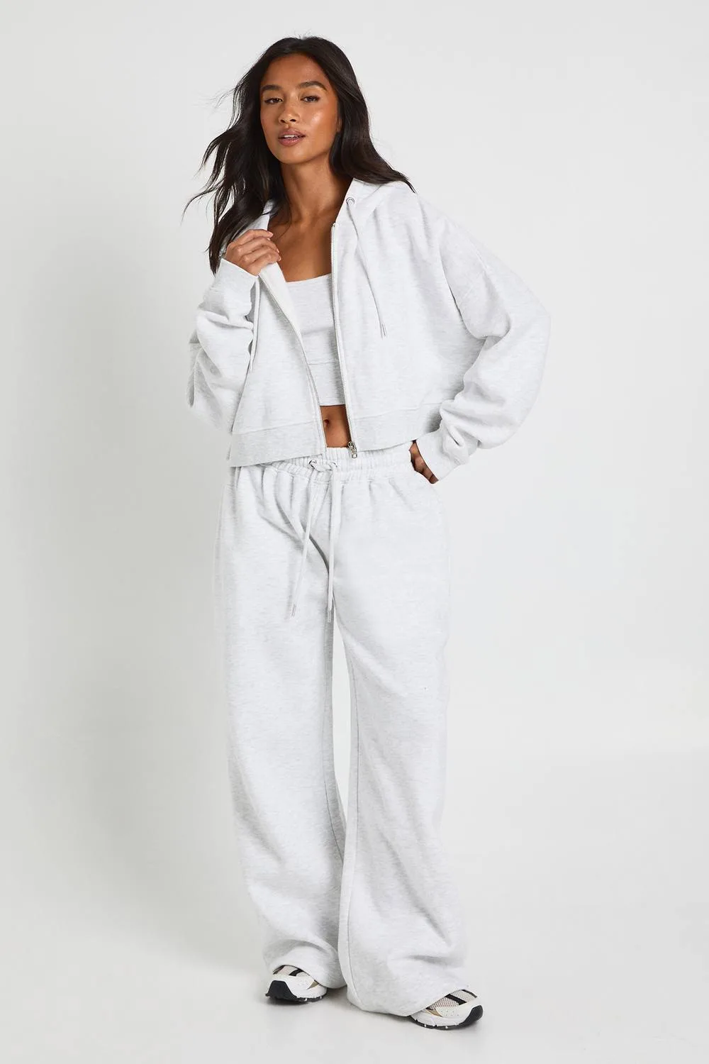 Deep Hem Crop Top 3 Piece Hooded Tracksuit - Denim/Polyurethane