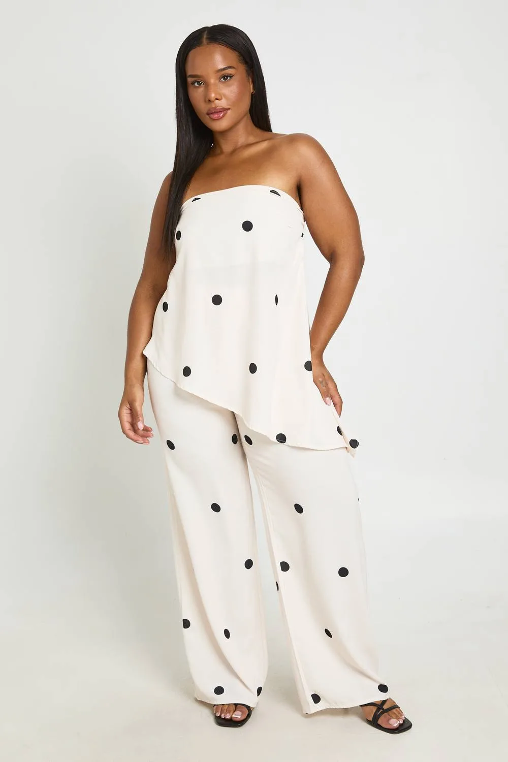 Bandeau Asym Polka Dot & Drawstring Waist Trouser - Polyurethane by boohoo