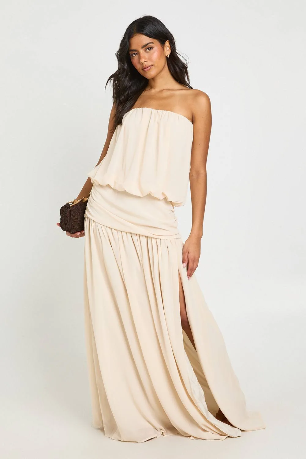 Chiffon Bandeau Blouson Ruched Drop Waist Maxi Dress - Chiffon/Woven