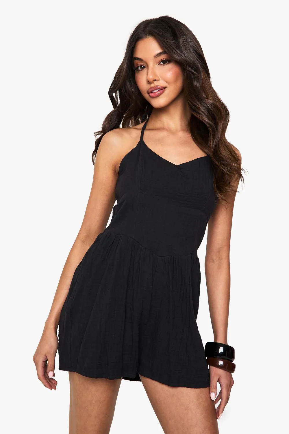 Textured Cheesecloth Flippy Playsuit - Denim/Polyurethane/Woven by boohoo