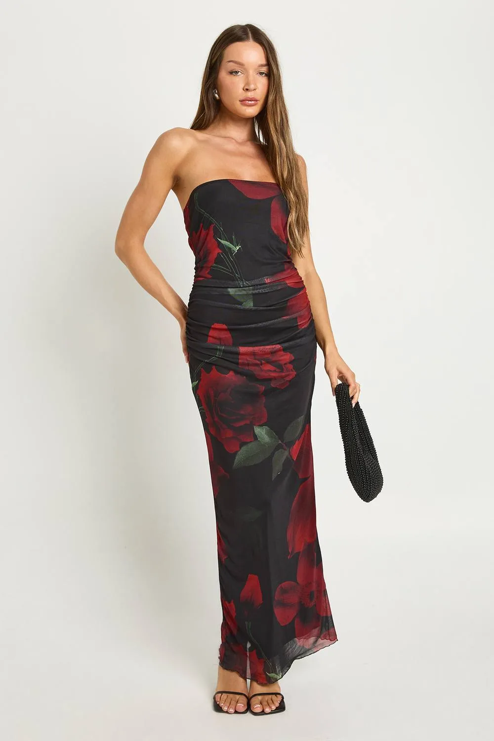 Mesh Flower Print Bandeau Maxi Dress by boohoo