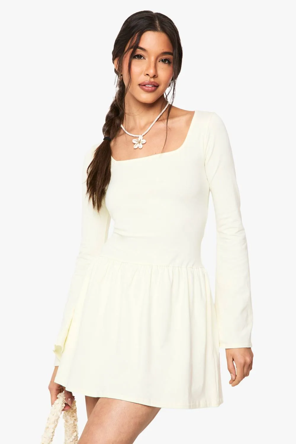Square Neck Dropped Puff Ball Hem Mini Dress - Denim/Cotton by boohoo