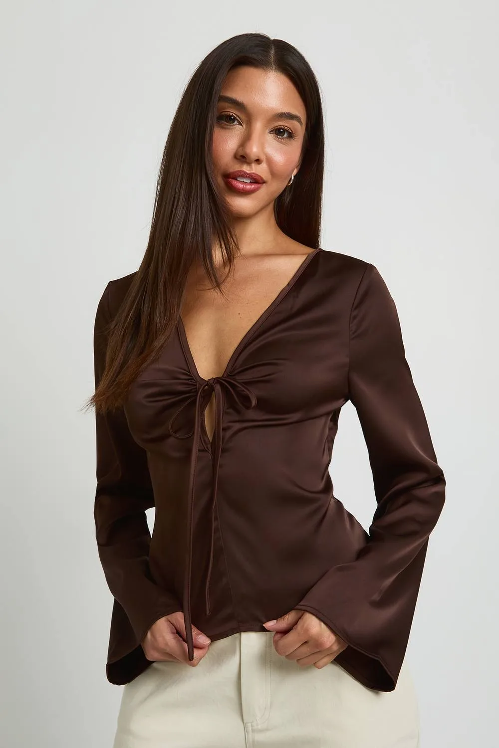 Tie Front Flare Sleeve Satin Blouse by boohoo