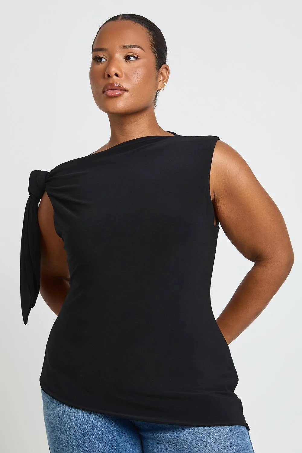Matte Slinky High Neck Tie Shoulder Top - Denim/Polyurethane by boohoo
