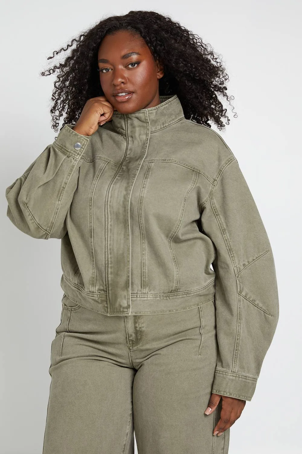 Funnel Neck Jacket - Denim/Cotton/Polyurethane by boohoo