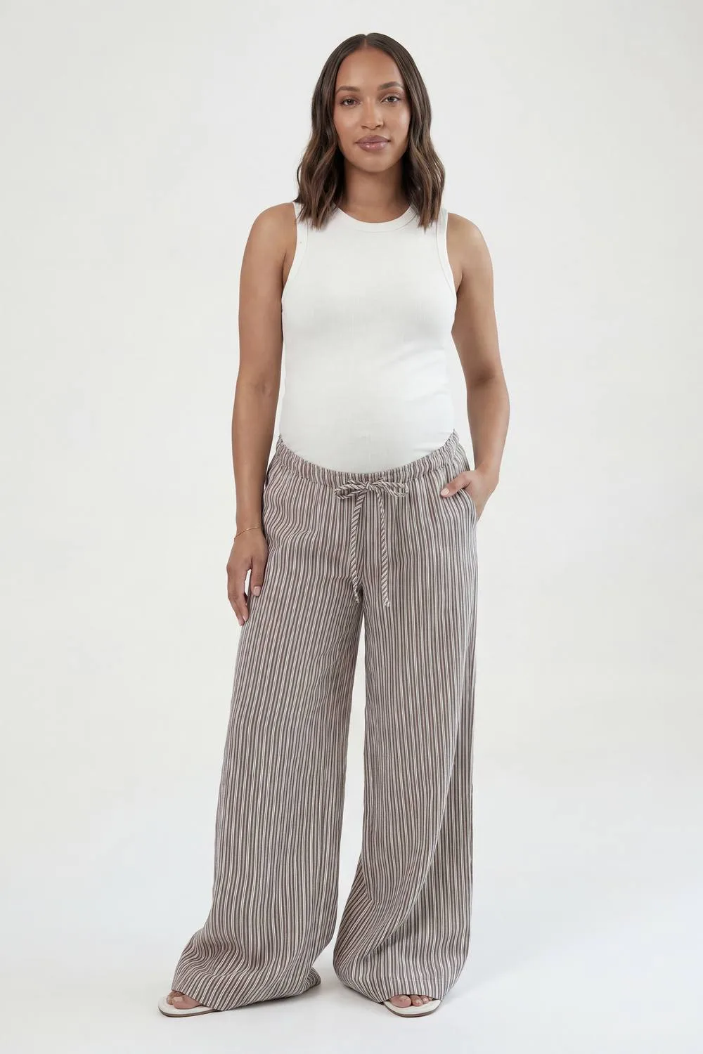 Maternity Woven Stripe Elasticated Waist Wide Leg Trouser - Cotton/Linen/Polyurethane by boohoo