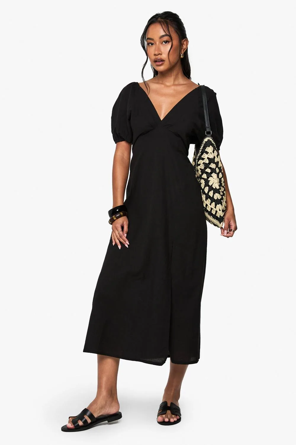 Linen Tie Back Puff Sleeve Midaxi Dress - Linen/Polyurethane/Woven by boohoo
