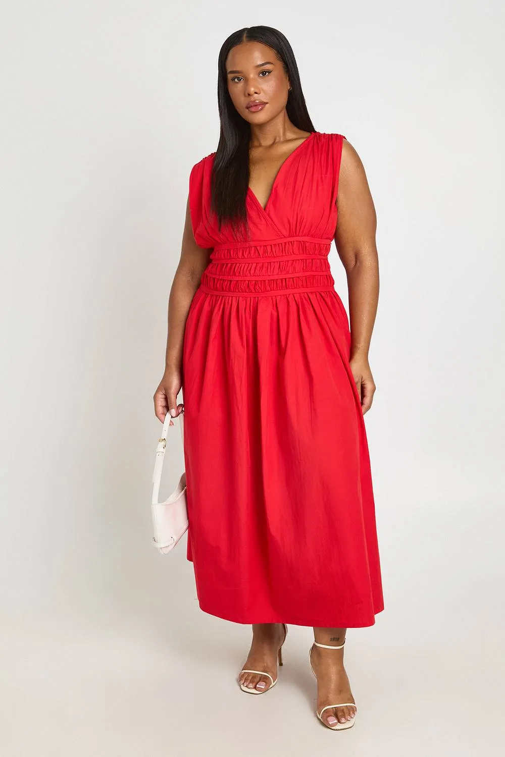 Shirred Waist V Neck Midaxi Dress - Cotton/Polyurethane by boohoo