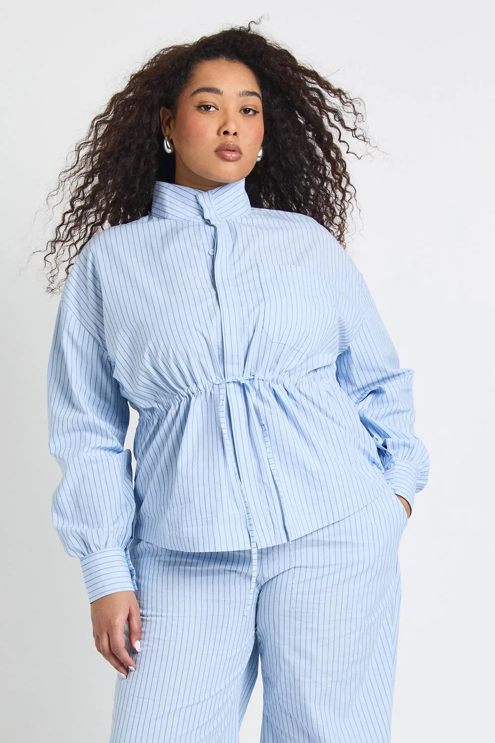 Stripe Funnel Neck Cinched Jacket - Denim/Cotton by boohoo