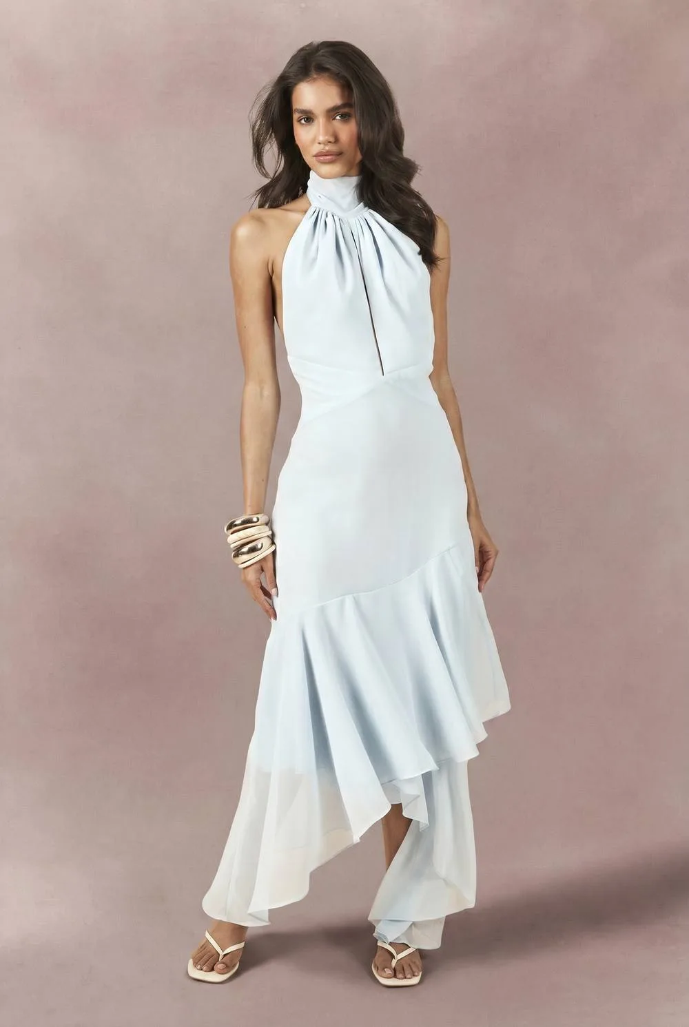 Chiffon High Neck Flower Detail Asym Hem Midaxi Dress by boohoo