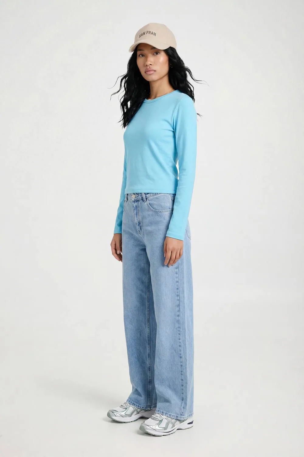 Basic Long Sleeve Fitted Longline Top - Denim/Cotton by boohoo