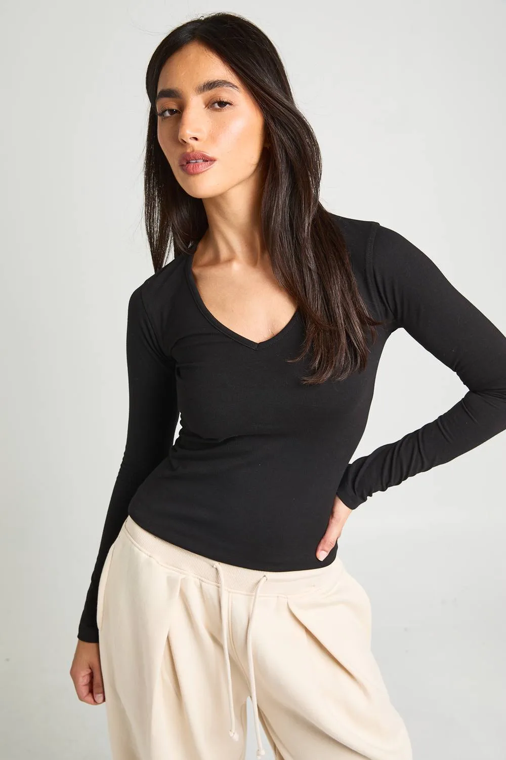Deep V Neck Long Sleeve Fitted Top - Cotton/Polyurethane by boohoo
