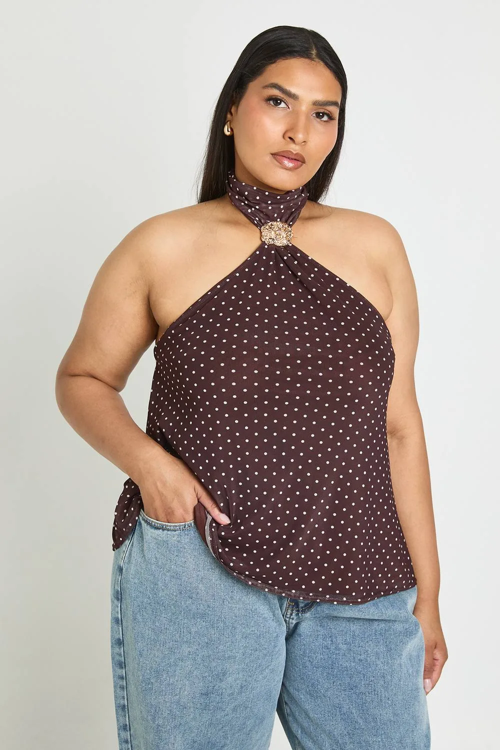 Trim Detail Halter Neck Polka Dot Top - Denim by boohoo