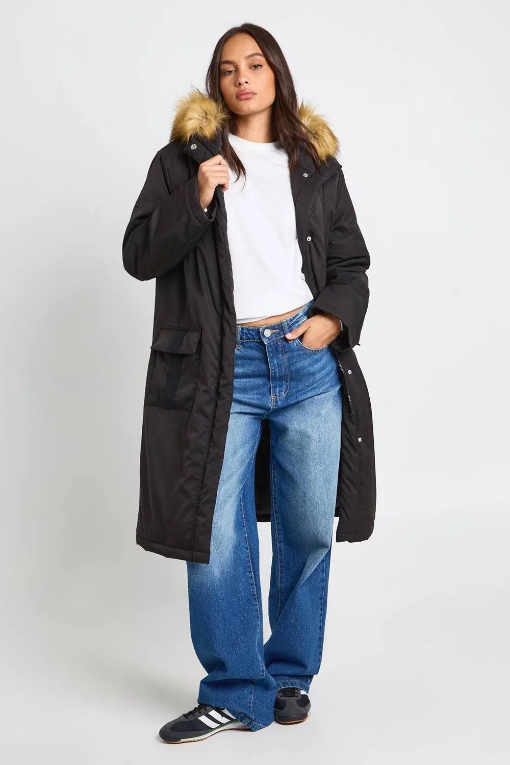 Fur Lined Hooded Parka Coat - Plastic by boohoo